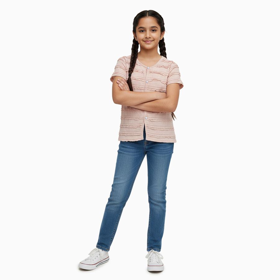 Girls Pale Peach Round Neck Casual T-Shirt, पीच, large
